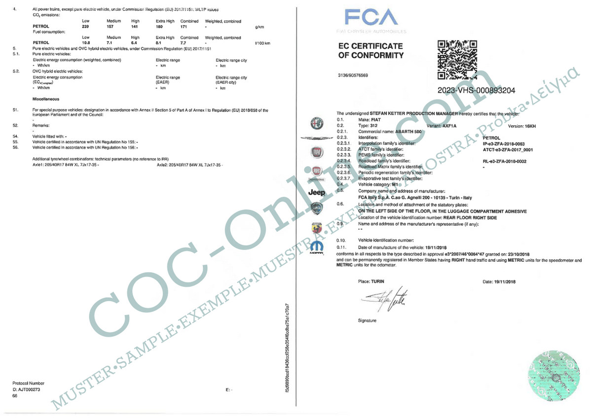 Coc Is COC papers ABARTH car Certificate of conformity | Free shipping – COC ...