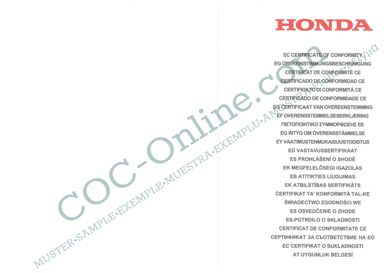 EC Certificate of Conformity HONDA