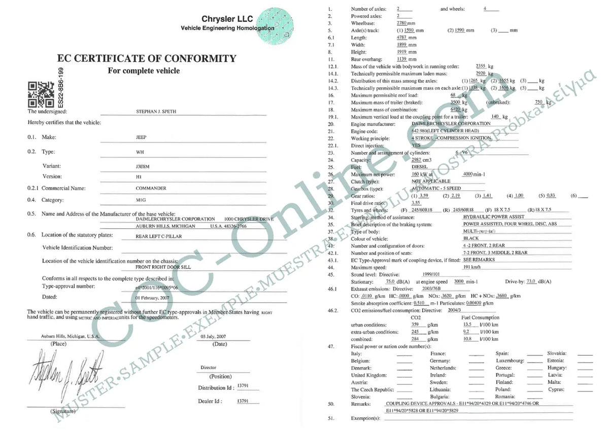 Example Of Coc Order Certificate of Conformity COC JEEP | Official document – COC-Online