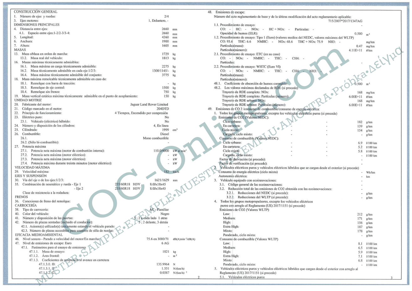 Land Rover Defender Coc COC papers LAND ROVER car Certificate of conformity | Free shipping ...