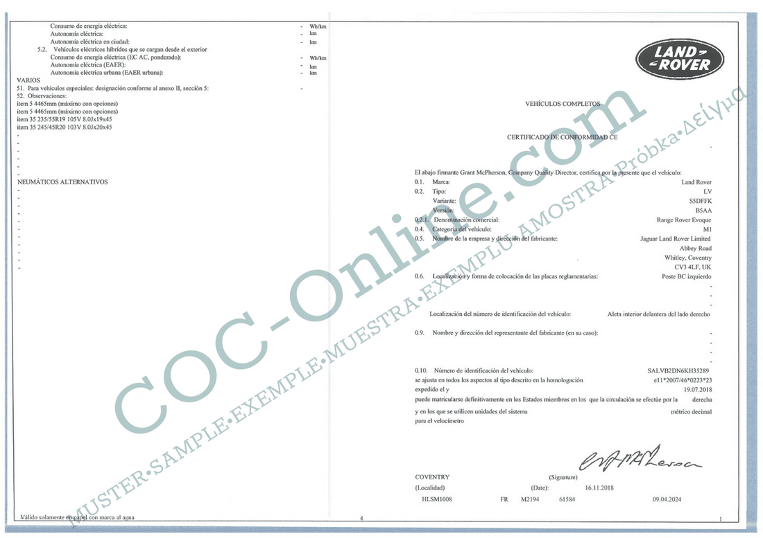 Land Rover Defender Coc COC papers LAND ROVER car Certificate of conformity | Free shipping ...