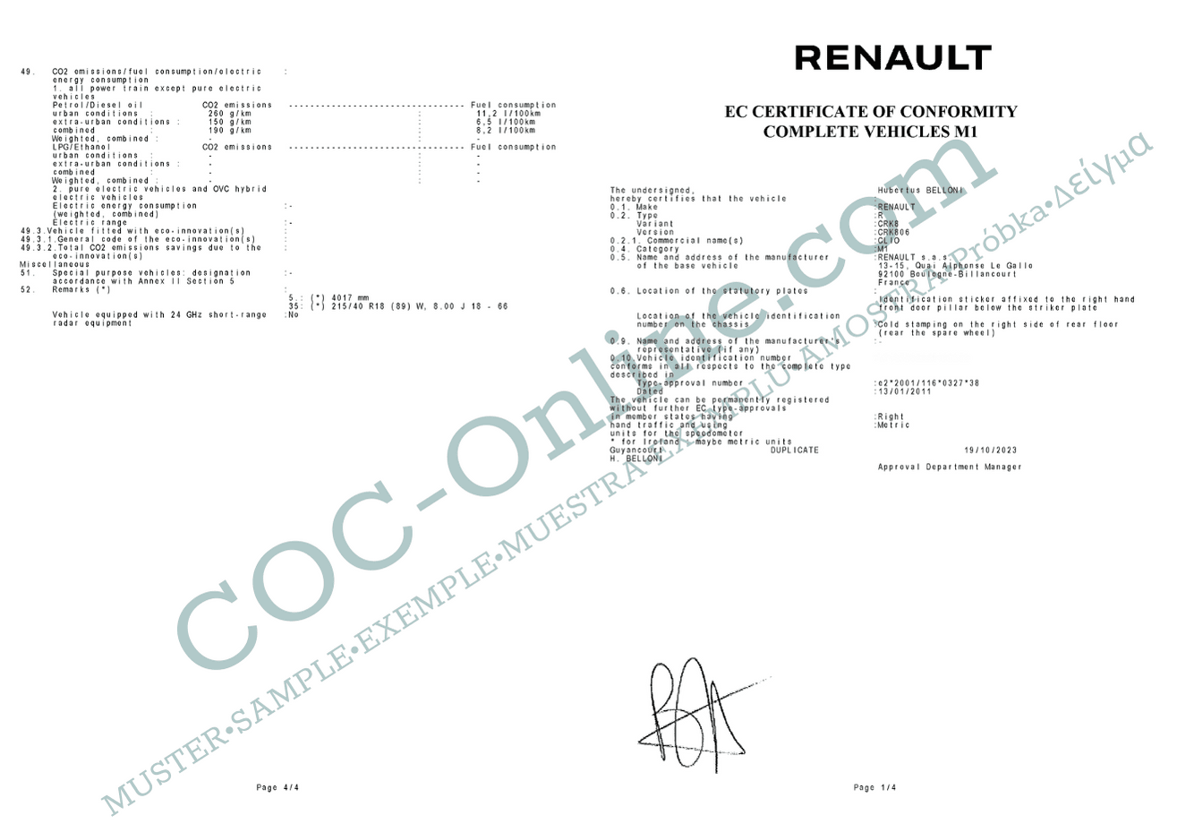 EC Certificate of Conformity RENAULT