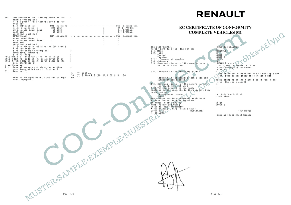 Get Certificate of Conformity COC RENAULT | EU Valid – COC-Online