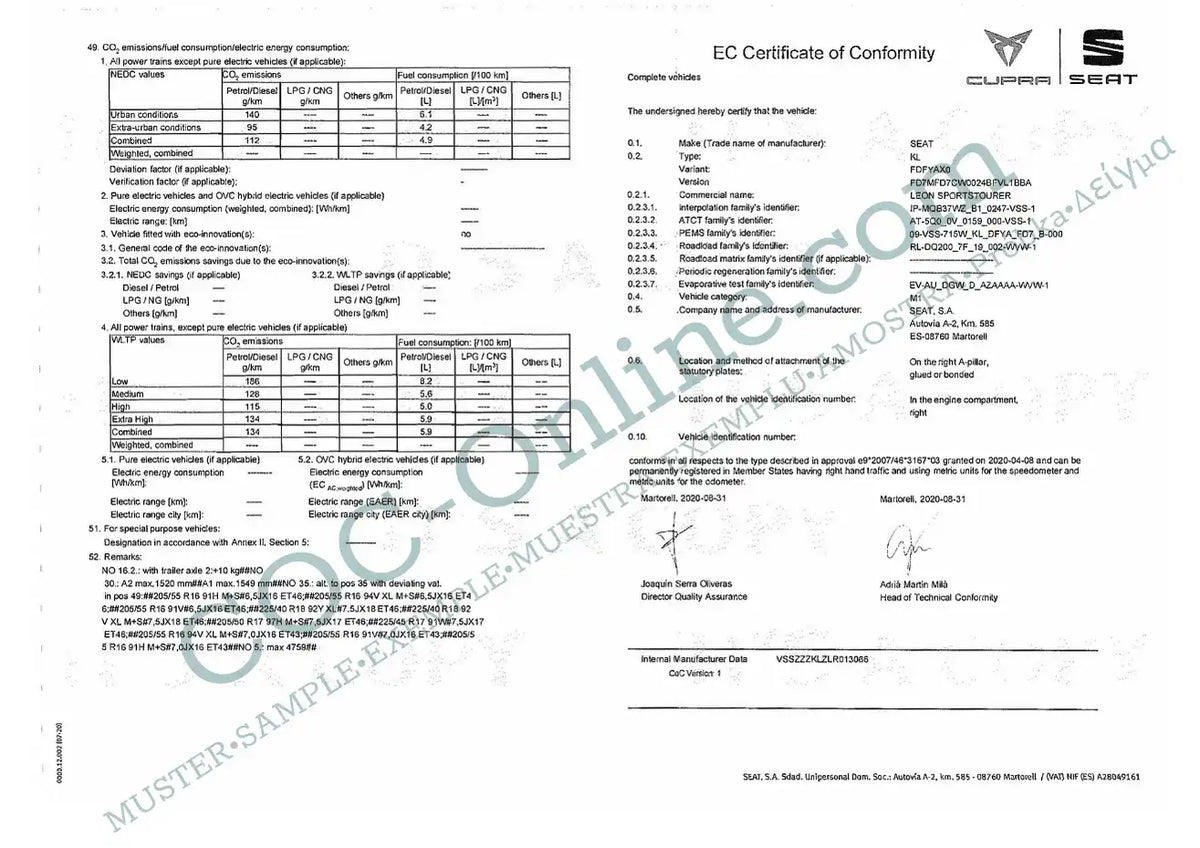 Example Of Coc Order Certificate of Conformity COC SEAT | Official document – COC-Online