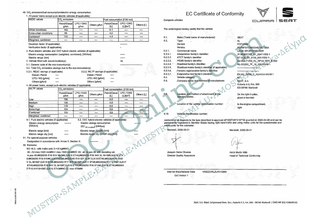 EC Certificate of Conformity SEAT