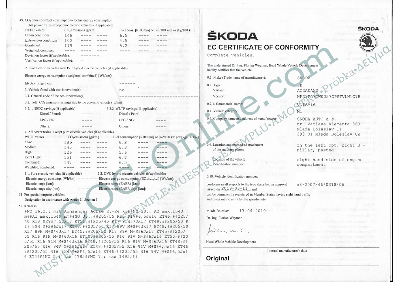 COC papers SKODA car Certificate of conformity | Free shipping – COC-Online