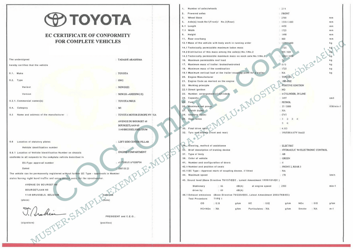 Coc Format Example COC papers TOYOTA car Certificate of conformity | Free shipping – COC ...