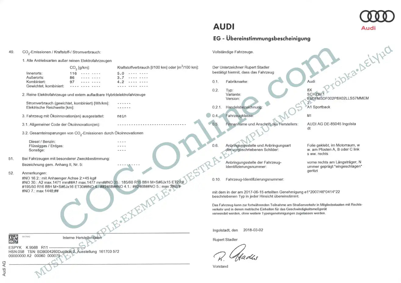 EC Certificate of Conformity COC AUDI