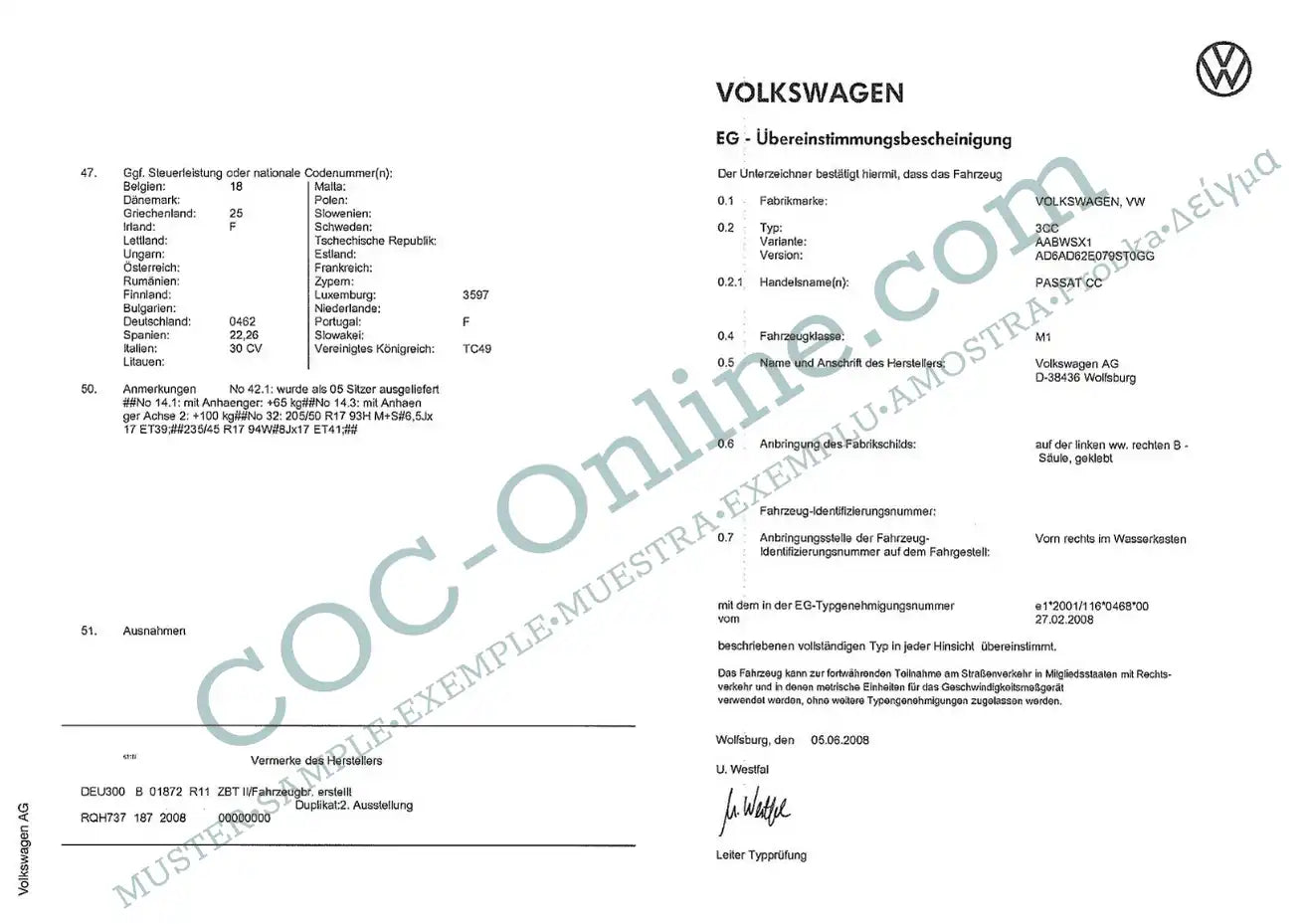 EC Certificate of Conformity COC VOLKSWAGEN
