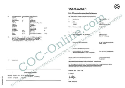 EC Certificate of Conformity COC VOLKSWAGEN